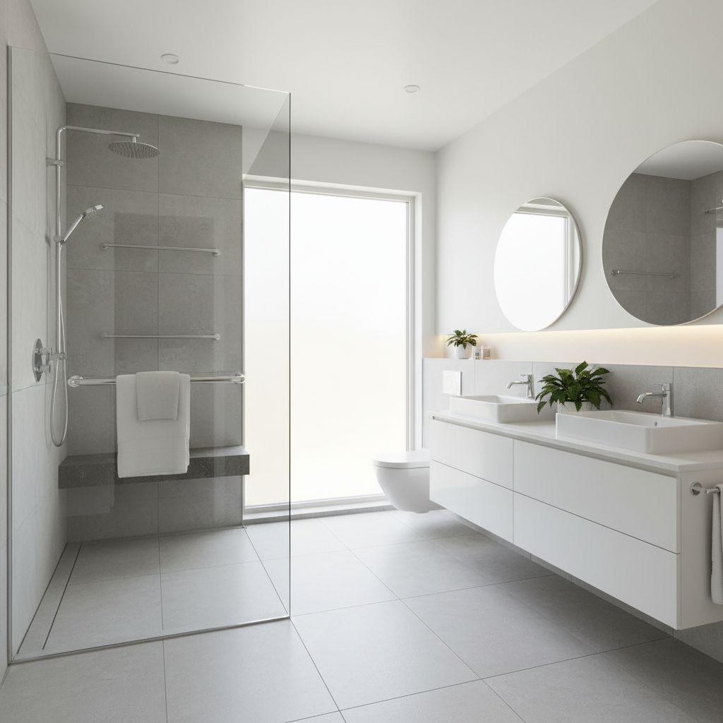 A modern, brightly lit bathroom featuring a walk-in shower with a built-in bench and polished chrome grab bars.