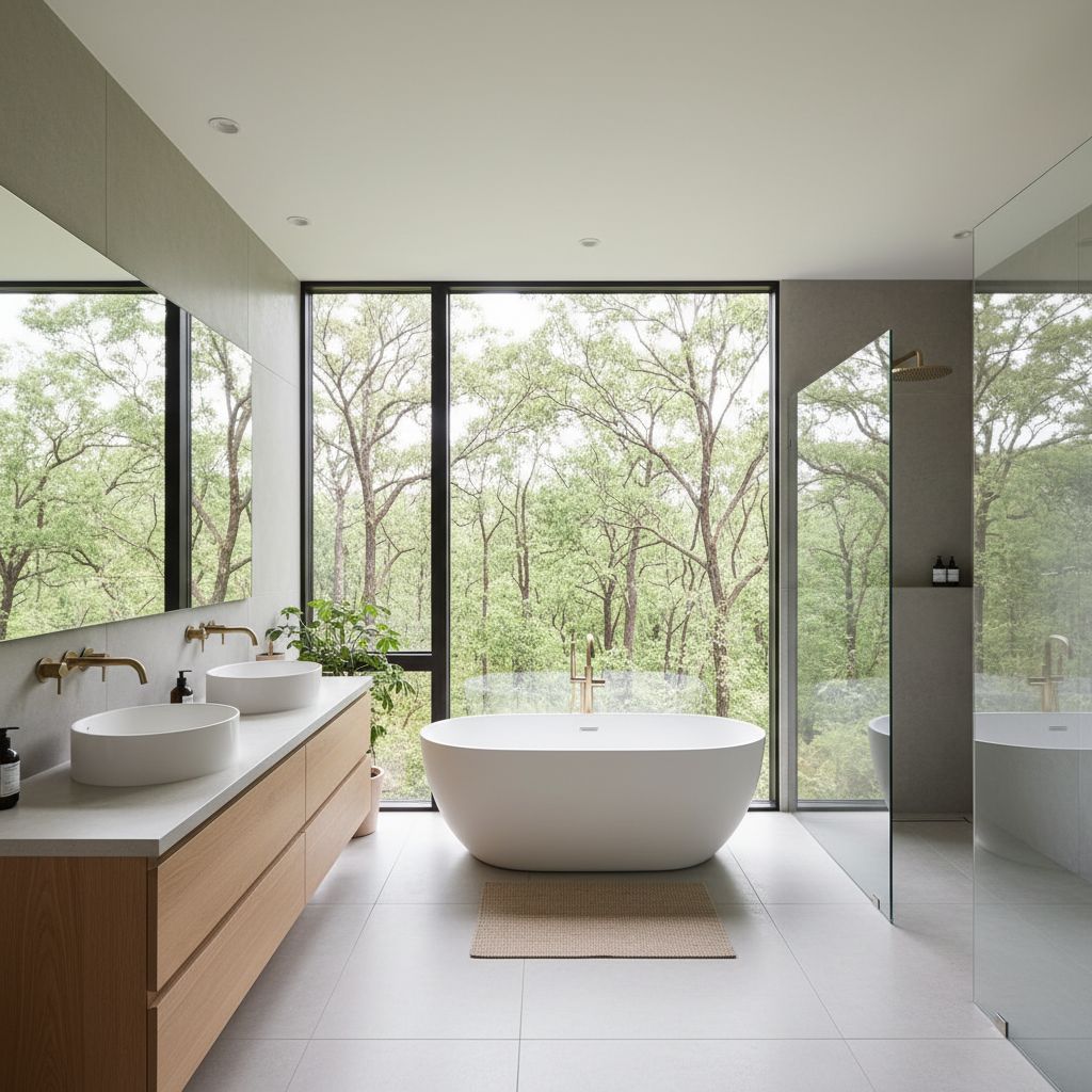 A bright, contemporary bathroom with large windows overlooking a lush green forest landscape.