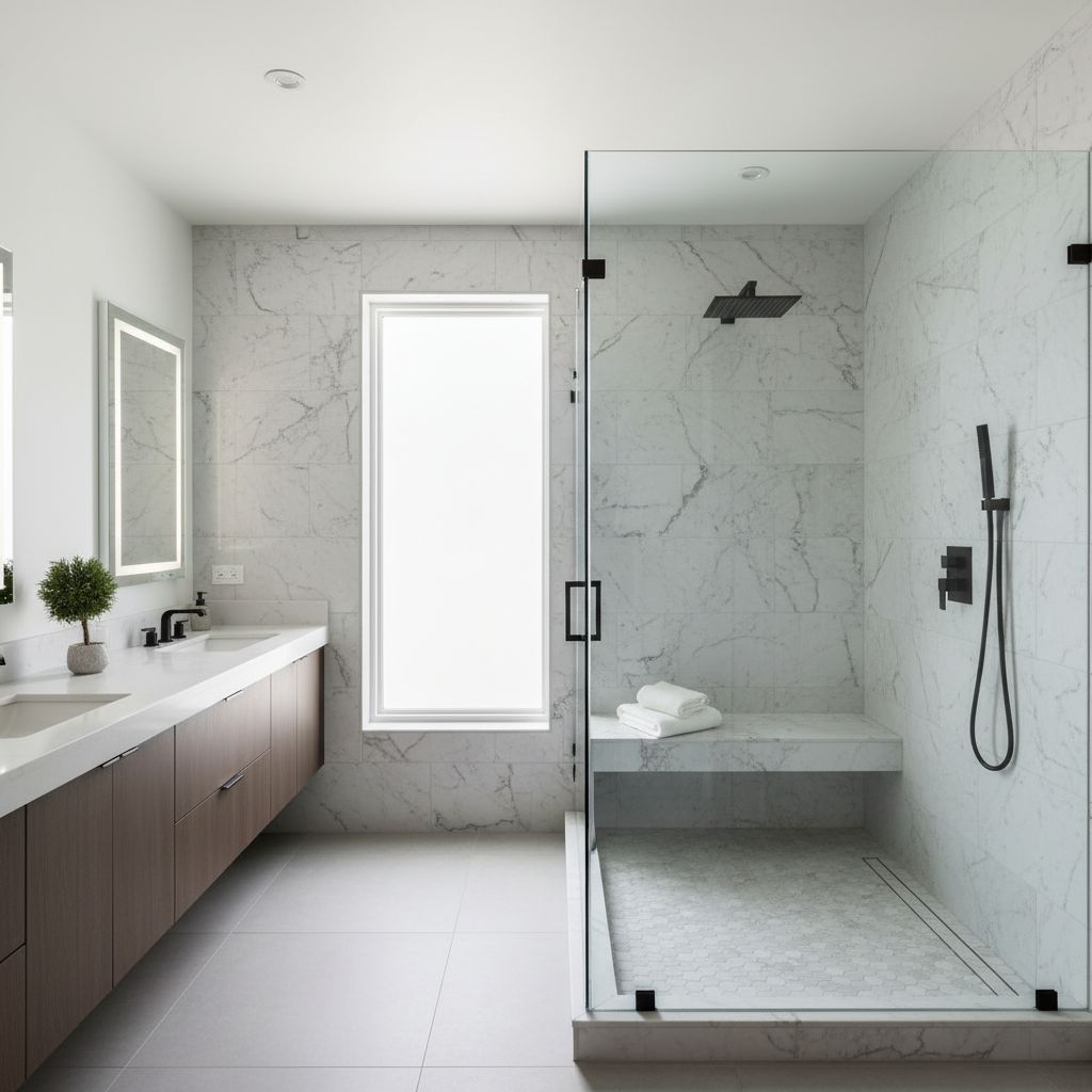 A modern bathroom featuring a clean, walk-in glass shower with marble tiling and a built-in bench where an old bathtub used to be.