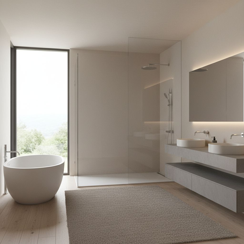 A sleek, modern bathroom with soft neutral tones, a large glass-enclosed walk-in shower, and a freestanding soaking tub next to a window.