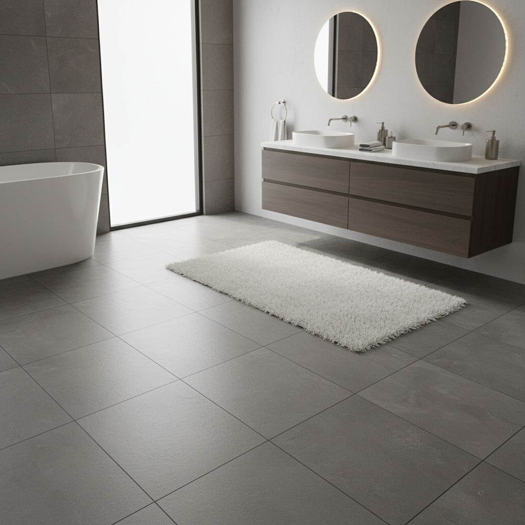 A modern bathroom floor with large slate-gray porcelain tiles and a plush white rug near a vanity.