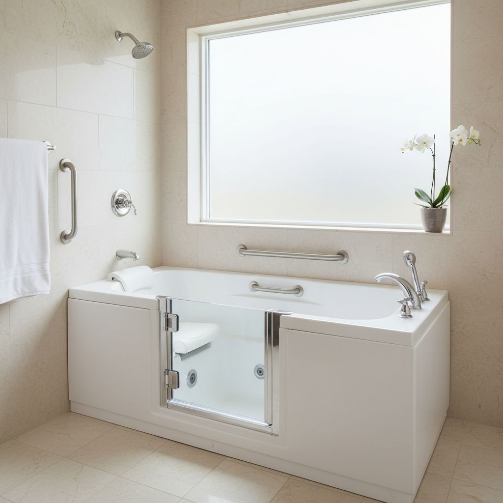 A luxury walk-in bathtub with a wide-opening door, built-in seat, and polished chrome safety grab bars in a well-lit bathroom setting.