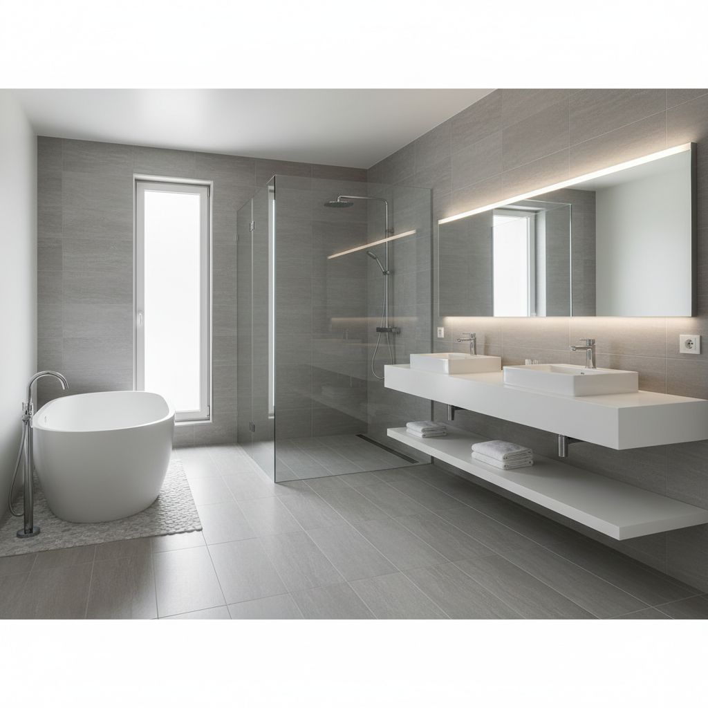A clean and modern bathroom featuring a walk-in glass shower and gray porcelain tile floors.
