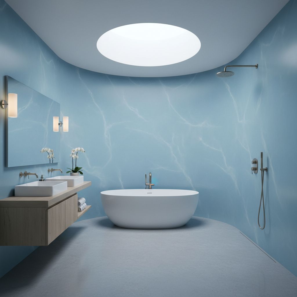 A sleek, modern bathroom featuring waterproof acrylic walls and a seamless floor transition