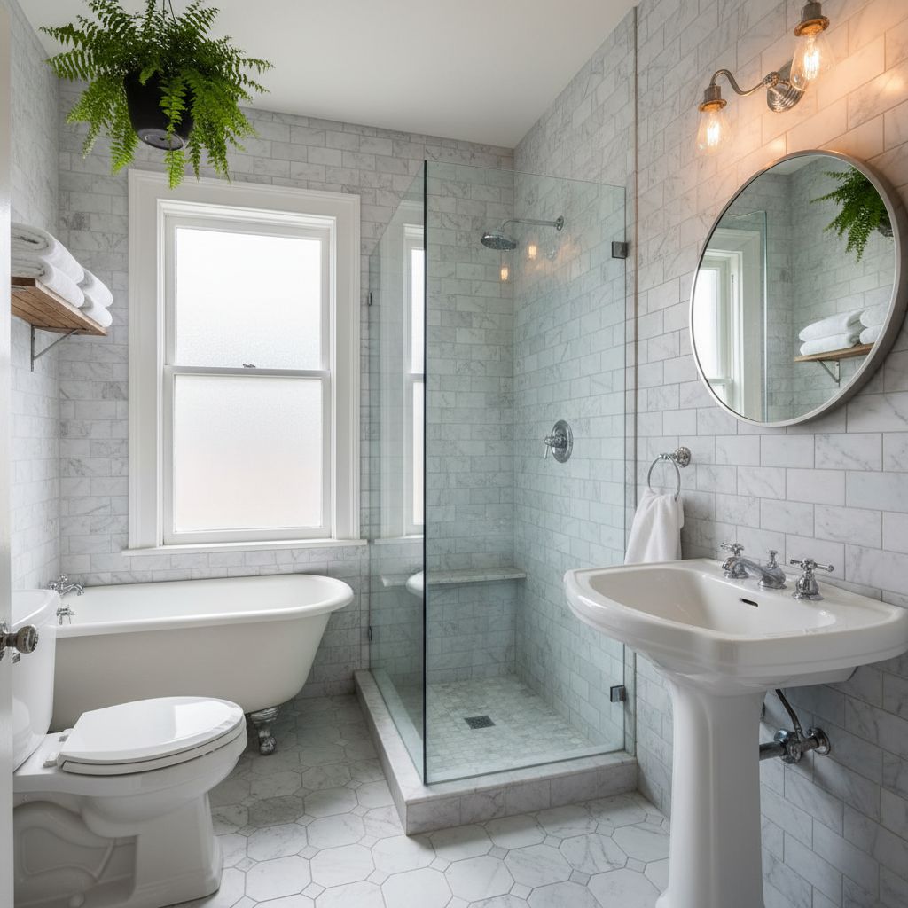 A bright, compact bathroom in an older home featuring a glass-enclosed shower and white marble tile to create an open feeling