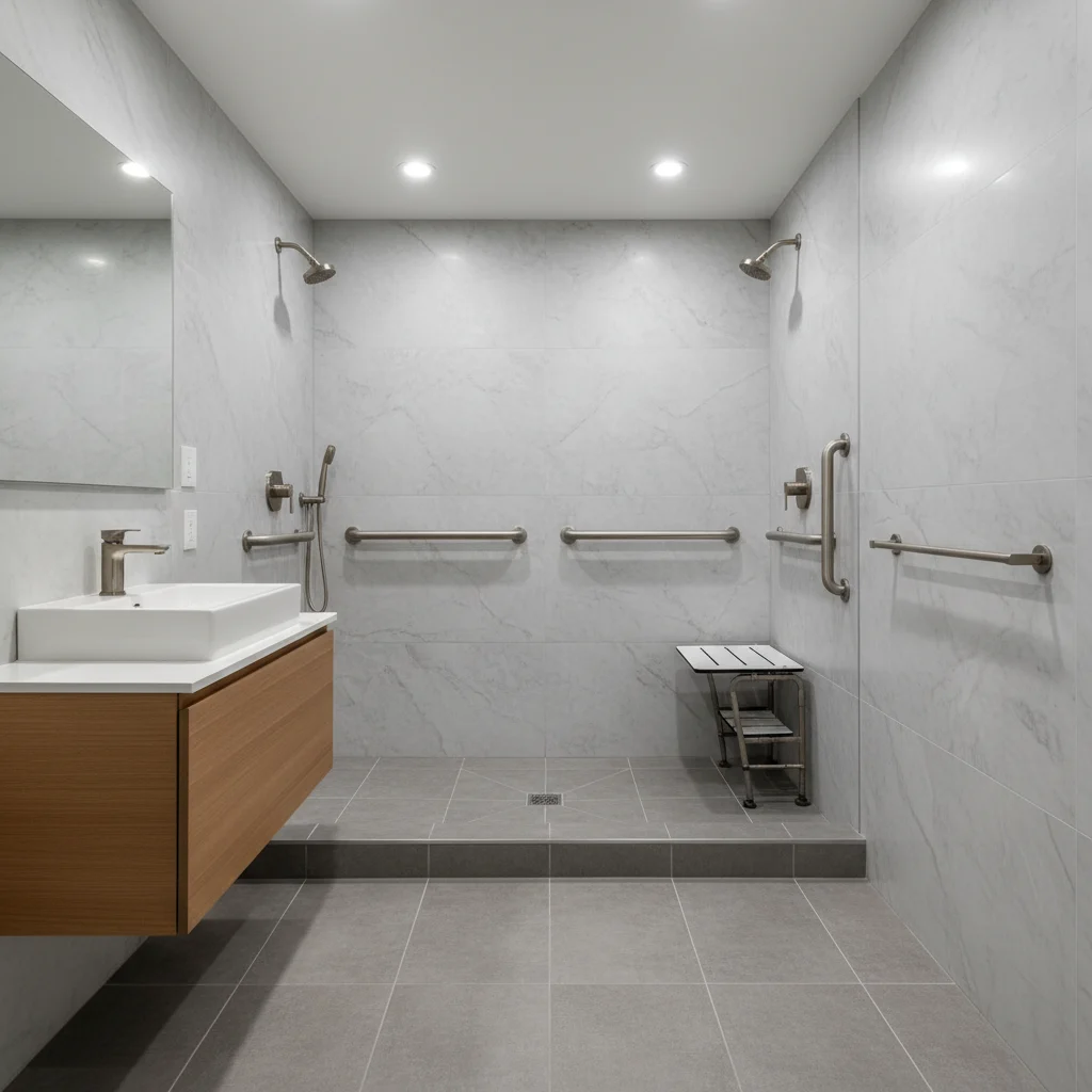 A professional, clean, and modern accessible bathroom interior in a Brewster, NY home. The scene features a walk-in shower with a very low threshold, elegant brushed nickel grab bars, and a built-in shower seat. The walls are a stylish light grey marble-patterned acrylic. The floor is non-slip textured tile. No people, no text, no construction debris, and no free-standing bathtubs. High-end residential photography style.