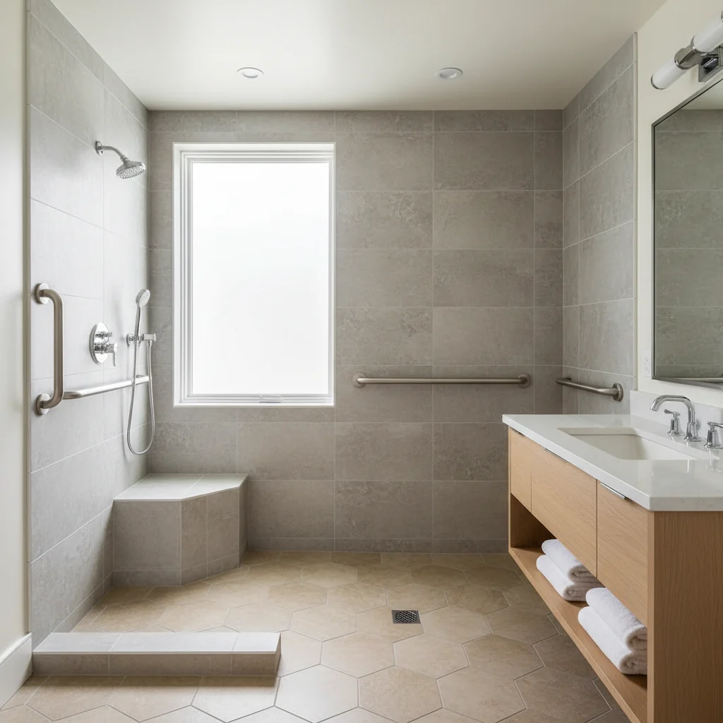 A modern, brightly lit accessible bathroom in a Dover Plains home. The room features a barrier-free walk-in shower with a built-in bench, polished chrome grab bars, and elegant non-slip tile flooring. The vanity is wheelchair accessible, and the overall aesthetic is clean and luxurious with neutral tones. No construction debris, no watermarks, no text, and no free-standing bathtubs.