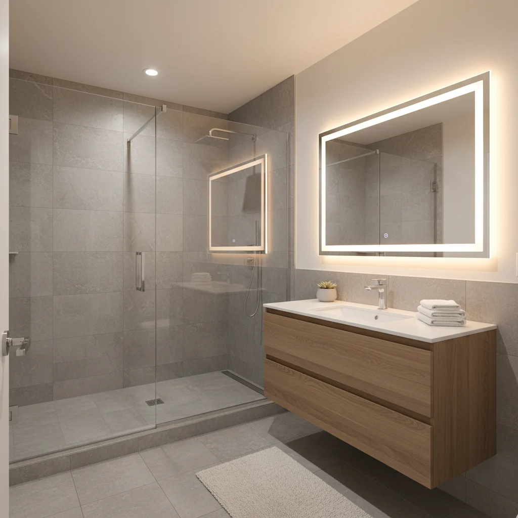 A beautifully remodeled modern bathroom in a Pine Bush, NY home. The scene features a clean alcove shower with glass doors and textured gray wall surrounds, a wooden vanity with a white porcelain sink, and soft warm lighting. The room is tidy and elegant. No construction debris, no tools, no people, no watermarks, and no freestanding bathtubs.