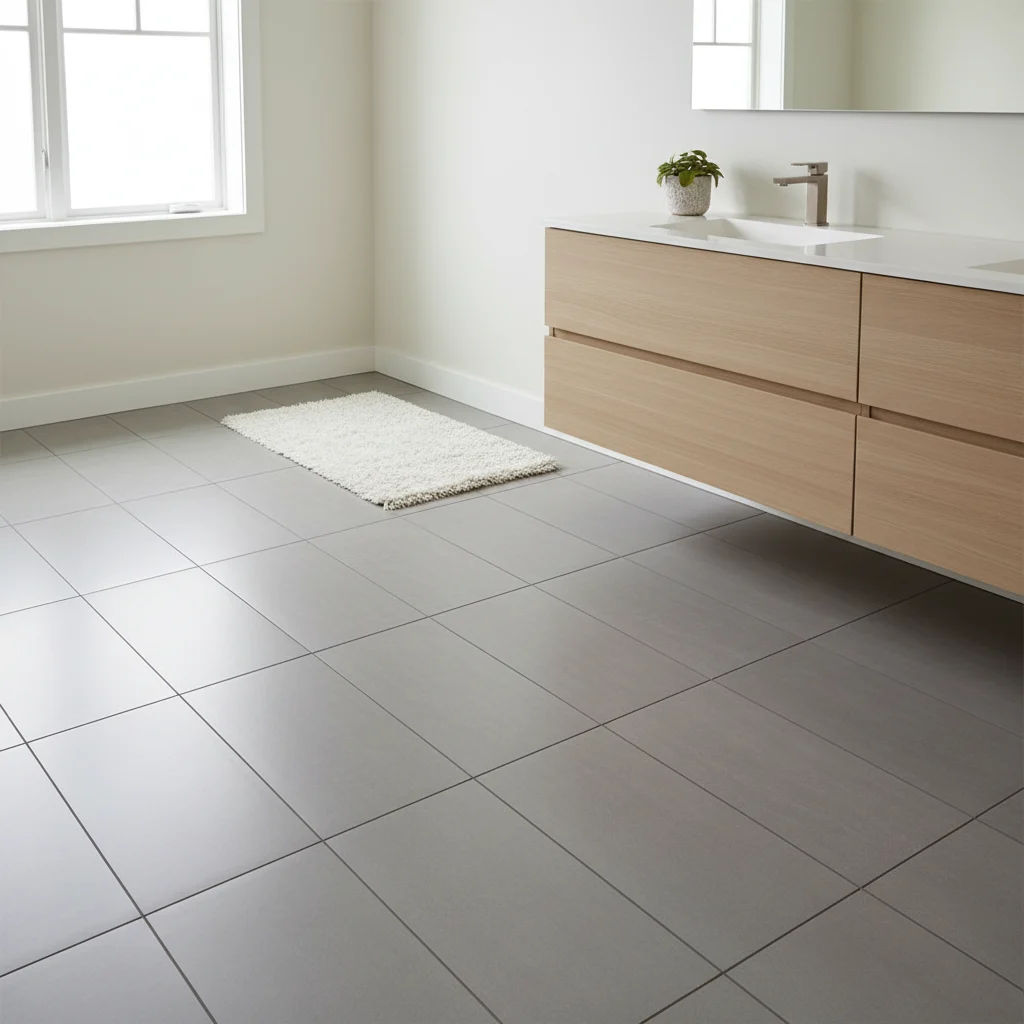 A professionally installed, modern bathroom floor in a Hudson Valley home featuring large-format grey porcelain tiles with clean, thin grout lines. The room is bright and clean, showing off sleek bathroom cabinetry and a contemporary vanity. No text, no watermarks, no construction debris, no free-standing bathtubs.
