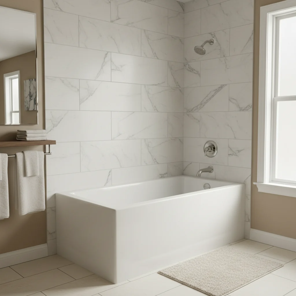 A pristine, modern alcove bathtub installation in a Scotchtown, NY home. The tub is a crisp white acrylic with polished nickel fixtures and a marble-patterned wall surround. The bathroom is bright and clean with soft neutral tones. No people, no construction tools, no text, and no freestanding bathtubs.