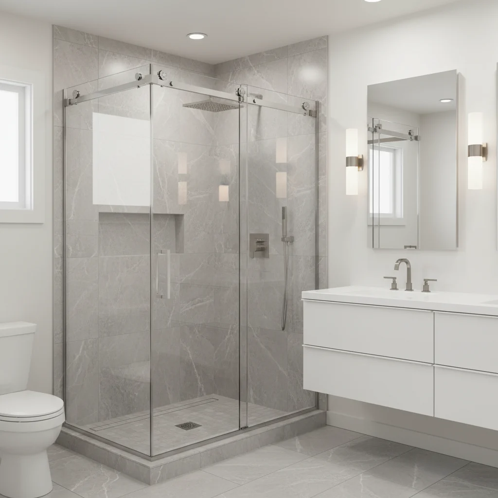 A stunning, modern alcove shower replacement in a New Windsor, NY bathroom. The shower features high-quality acrylic wall surrounds with a light grey stone pattern, a sleek frameless glass sliding door, and polished chrome hardware. The bathroom is bright and clean with contemporary lighting. No people, no construction debris, and no free-standing bathtubs.
