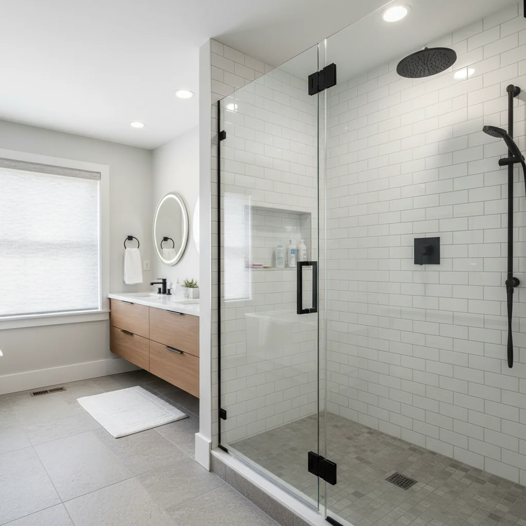 A luxurious, modern bathroom in New Paltz, NY, featuring a high-end custom glass shower enclosure with matte black hardware and elegant subway tile walls. The space is bright and clean, showing a seamless walk-in entry. Professional architectural photography style, no text, no construction debris, no free-standing bathtubs.