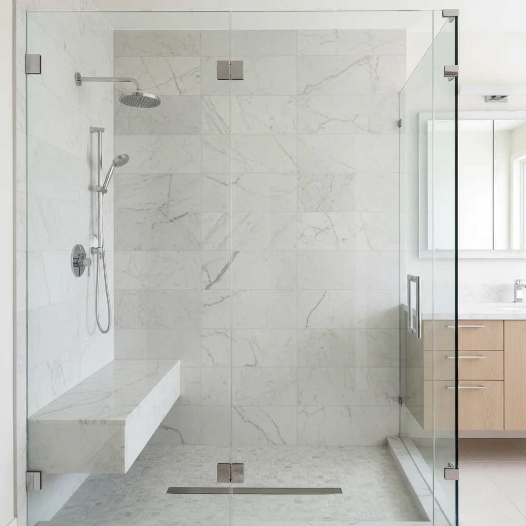 A luxury modern walk-in shower with sleek glass enclosures, tiled walls in a neutral marble pattern, high-end chrome fixtures, a built-in bench, and a minimalist drain. The bathroom setting is bright and clean, featuring contemporary vanity cabinets in the background. High-quality architectural photography, 8k resolution, interior design magazine style.