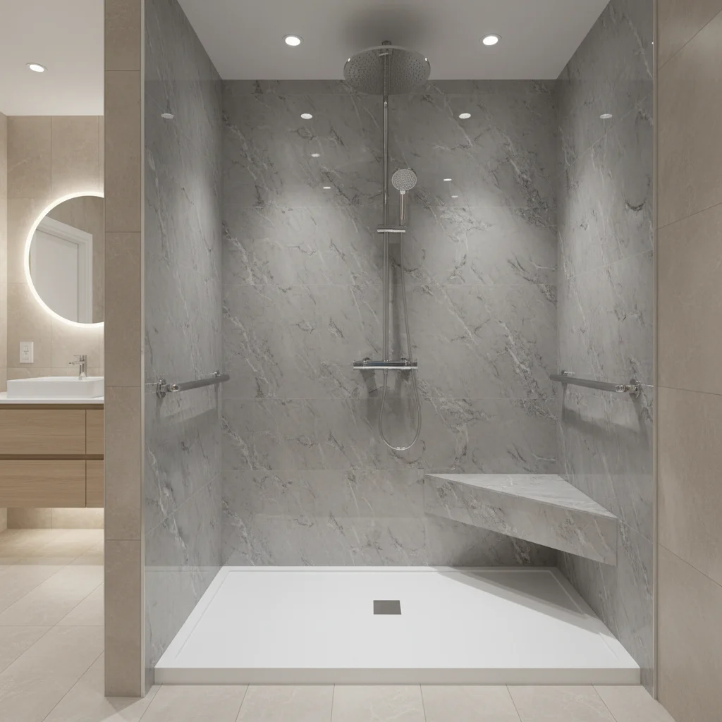 A stunning, modern walk-in shower conversion in a Lagrange, NY home. The shower features elegant grey marble-patterned acrylic wall surrounds, a low-profile white shower base, and high-end chrome fixtures including a rain showerhead and a handheld wand. A built-in corner seat and sleek grab bars are included for safety. The bathroom is bright, clean, and professionally styled with neutral tones. No people, no construction tools, and no bathtubs visible.