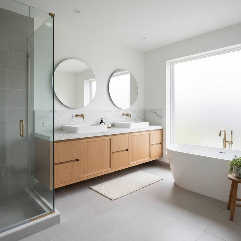 A modern, bright bathroom featuring a large wooden vanity, marble countertops, and light gray floor tiles.