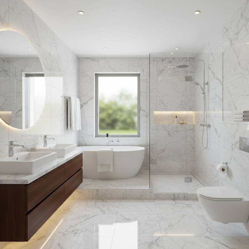 A modern bathroom featuring a walk-in glass shower, marble tiling, and sleek chrome fixtures.