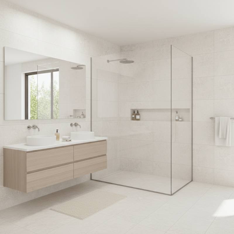 A bright, modern bathroom featuring a clean glass shower enclosure and neutral tile floors.