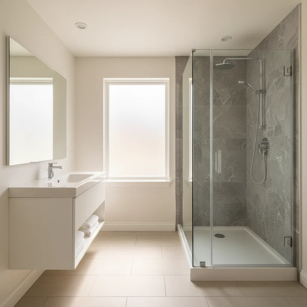 A modern, bright bathroom in a Pawling, NY home featuring a newly installed walk-in acrylic shower. The shower has elegant grey marble-patterned acrylic wall surrounds, a sleek glass door, and polished chrome fixtures. The floor is a clean light-colored tile. No text, no watermarks, no construction debris, and no free standing bathtubs.