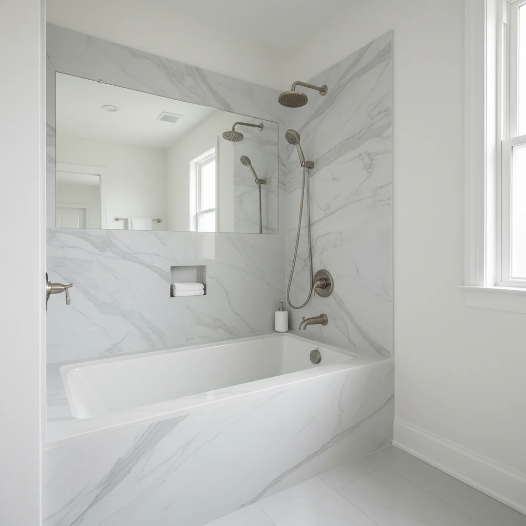 A professionally photographed, modern bathroom alcove in a Middletown home. The bathtub features a high-quality, marble-textured acrylic wall surround in a light grey and white pattern. The fixtures are polished nickel, and the surrounding walls are a soft, clean white. The scene is bright, clean, and free of any construction debris or clutter. No text or watermarks.