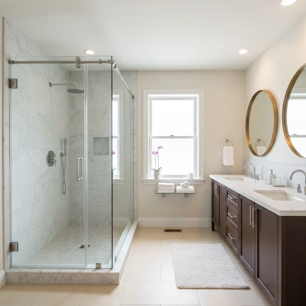 A luxurious, modern master bathroom in a Milton, NY home featuring a sleek frameless glass shower enclosure with high-end chrome hardware. The shower interior shows elegant marble tiling. The room is bright with natural light, clean, and professionally staged. No text, no watermarks, no construction debris, and no free-standing bathtubs.
