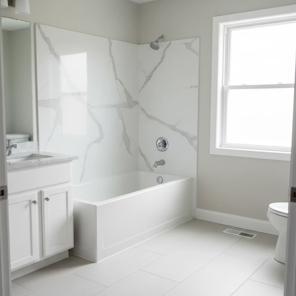 A bright and airy bathroom in a Staatsburg home featuring a newly installed alcove bathtub with a white marble-patterned acrylic wall surround. The bathroom has polished chrome fixtures, a clean tile floor, and a large window letting in soft natural light. No construction debris, no watermarks, no text, and no freestanding bathtubs.