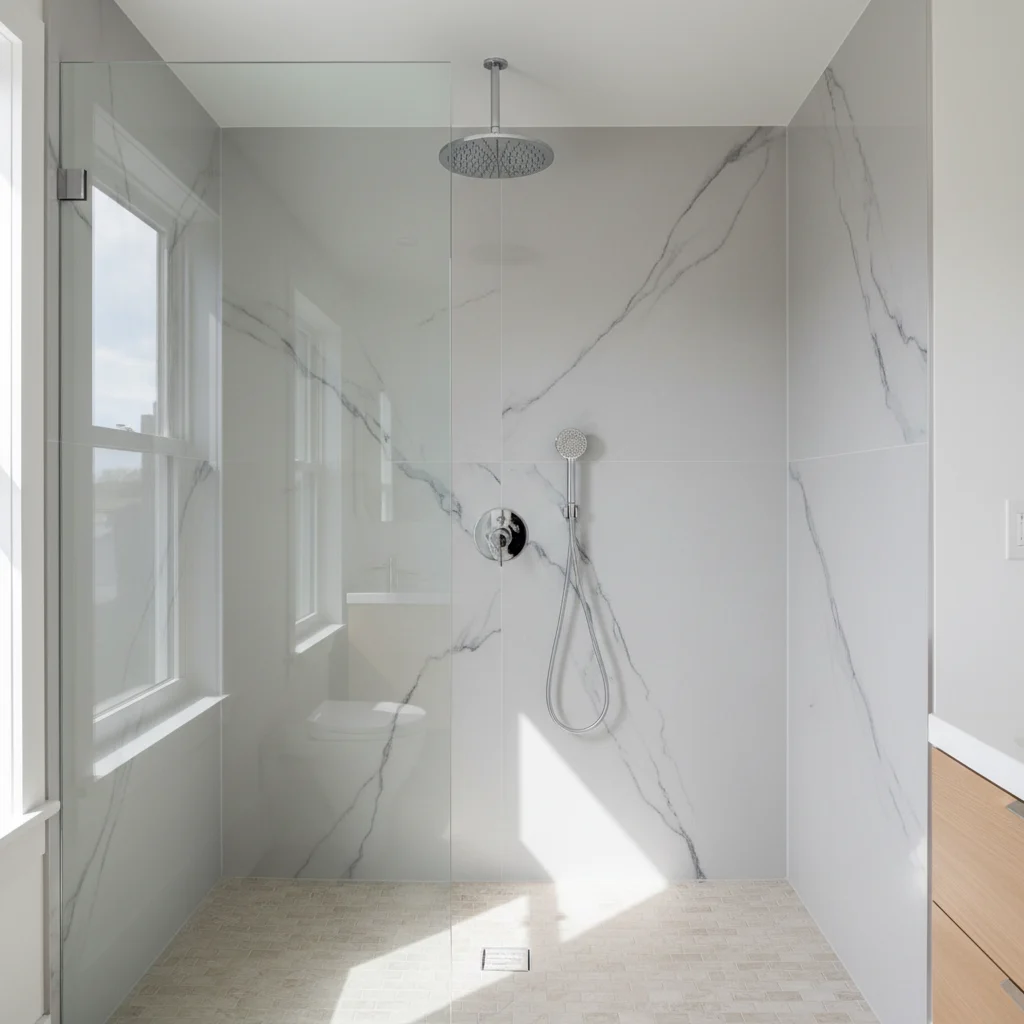 A stunning, modern walk-in shower remodel in a bright Rhinebeck home. The shower features light gray marble-patterned acrylic wall panels, a polished chrome rainfall showerhead, and a clear frameless glass door. The floor is a clean, slip-resistant textured surface. No text, no watermarks, no construction tools, and no bathtubs in the scene. High-resolution interior design photography style.