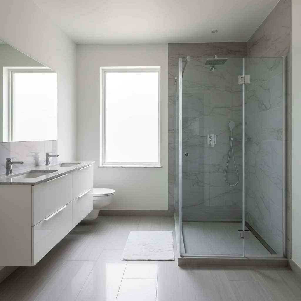 A pristine, modern bathroom in a Kerhonkson home featuring a newly installed walk-in shower with sleek sliding glass doors and elegant grey marble-patterned acrylic wall surrounds. The room is filled with soft, natural light, highlighting a clean tiled floor and modern chrome hardware. No people, no construction mess, no text.