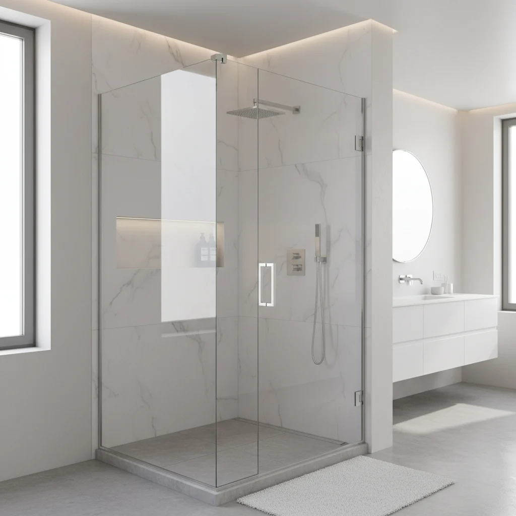 A beautiful, modern walk-in shower featuring high-quality acrylic wall panels with a light grey marble texture. The shower includes a glass door, polished chrome fixtures, and a clean, minimalist design. The bathroom is bright and professionally staged, showing a high-end residential renovation in Wallkill, NY. No text, no watermarks, no construction debris.