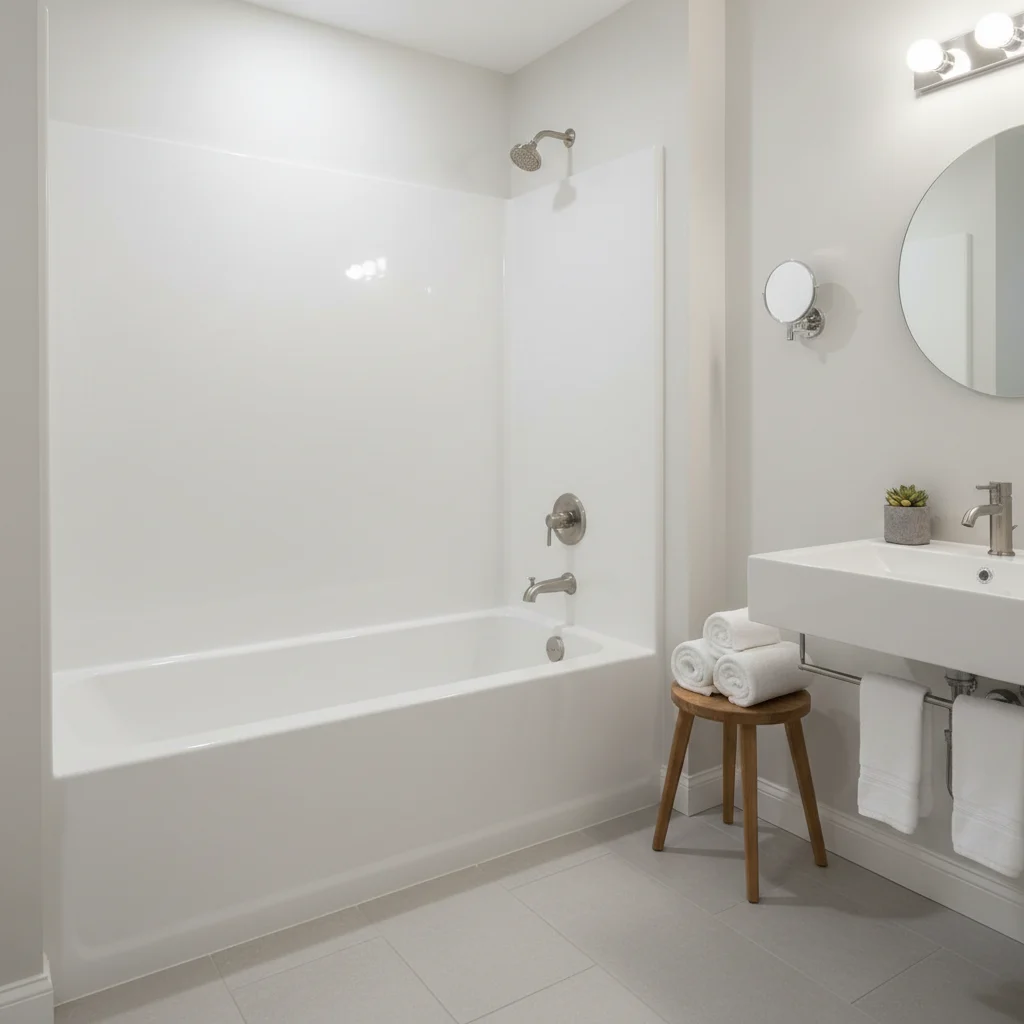 A beautifully renovated bathroom in a Wingdale, NY home featuring a new alcove bathtub with modern white acrylic wall surrounds. The tub is integrated into a clean, bright space with polished nickel fixtures. The room is decorated with minimalist decor and clean towels. No text, no watermarks, no construction debris, and no free-standing bathtubs.
