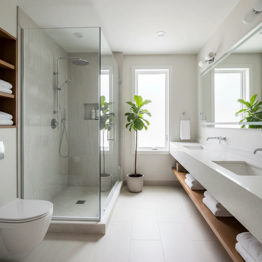 A bright, contemporary bathroom interior in Gardiner, NY. A large walk-in shower with frameless glass doors and modern chrome hardware replaces a traditional bathtub. The shower walls are a sleek, light grey stone-patterned acrylic. No people, no text, no construction debris, clean and professional photography.